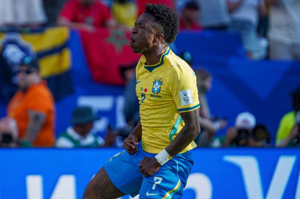 Vini Jr em campo pelo Brasil no empate com Marrocos pela Copa do Mundo