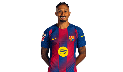 Raphinha posa com a camisa do Barcelona em foto oficial da temporada 2025/26